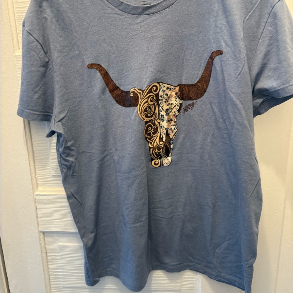 Hooey Blue Short Sleeve Tee with Bull Skull Design